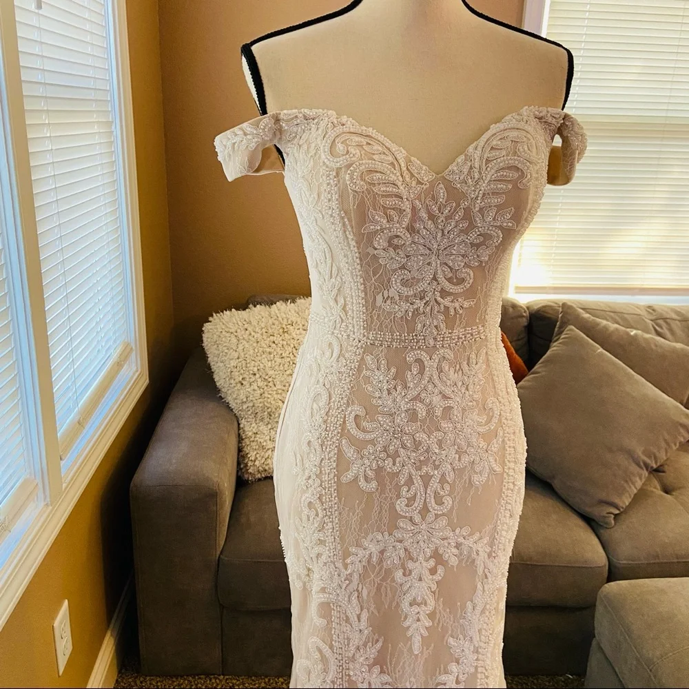 NWOT Lulus Promised Love White Beaded Lace Off-the-Shoulder Maxi Dress - Picture 9 of 16